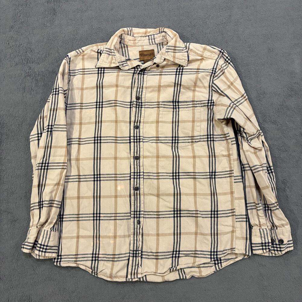 St. John’s Bay Tan Navy Plaid Long Sleeve Button Up Flannel Shirt Men’s Size M